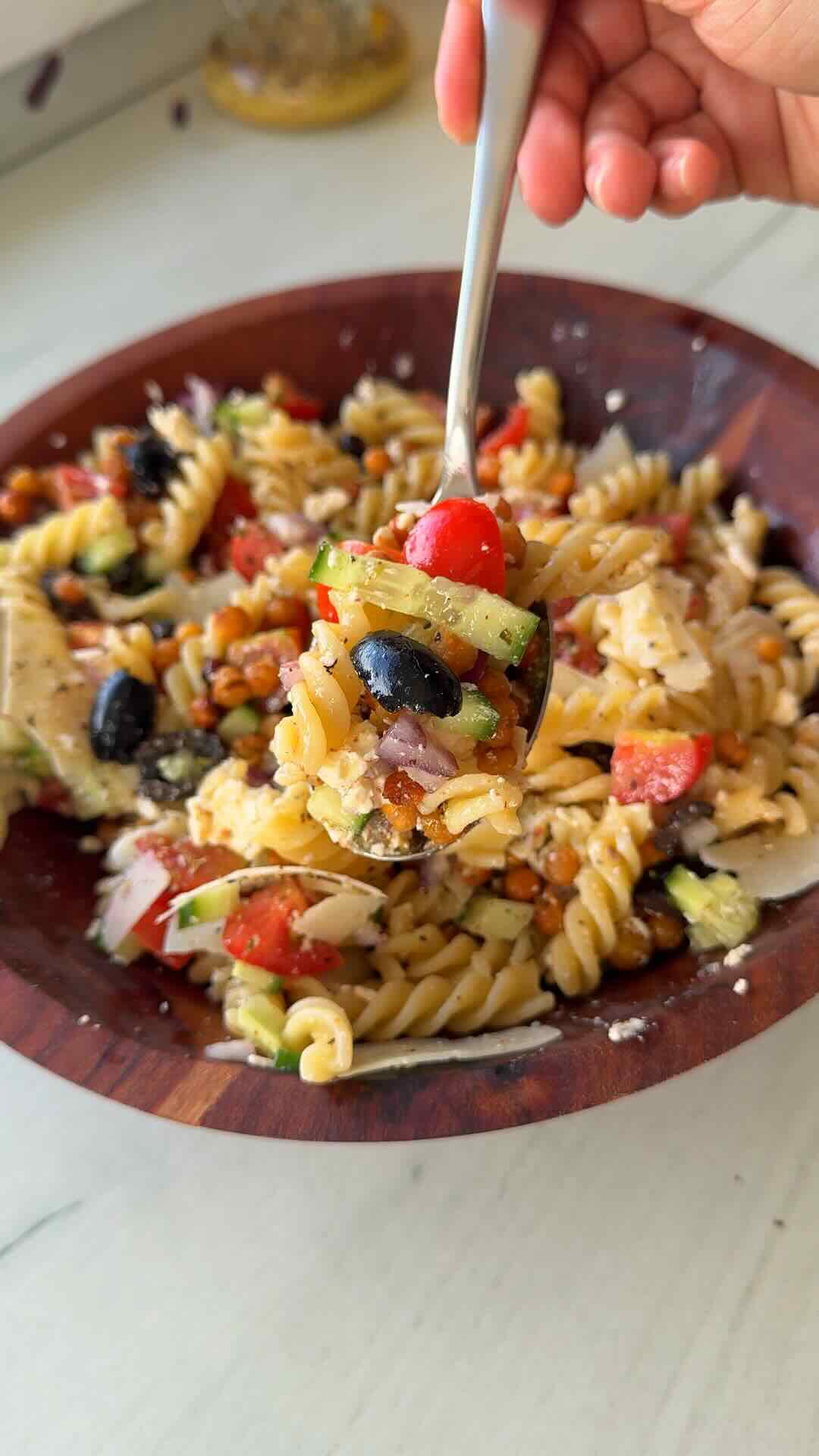 Crispy Chickpea Greek Pasta Salad 